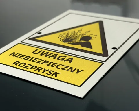 Finished metal warning sign with yellow and black printing — an ATZ DRUK product