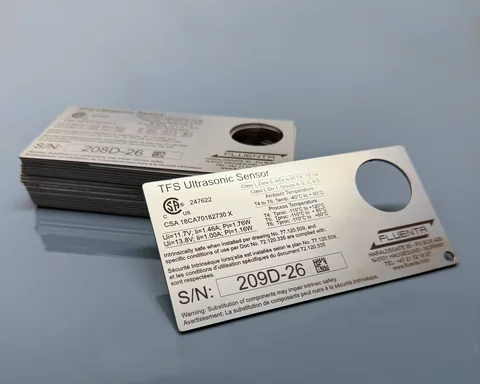 Batch of finished nameplates with engraved specifications and serial numbers